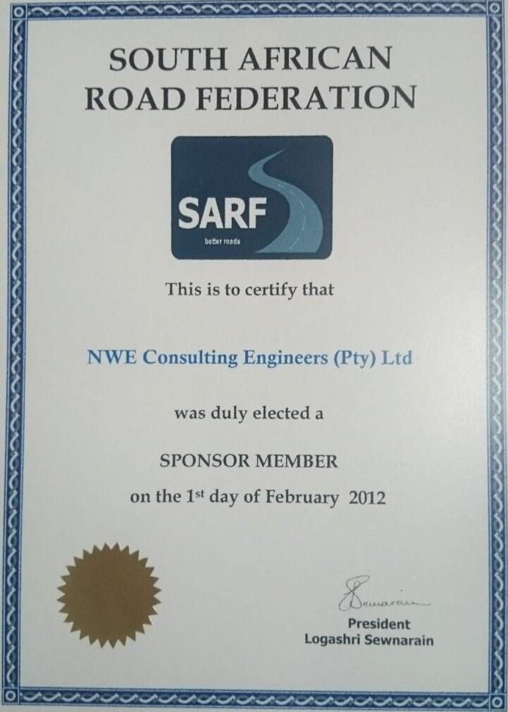 South African Road Federation certificate