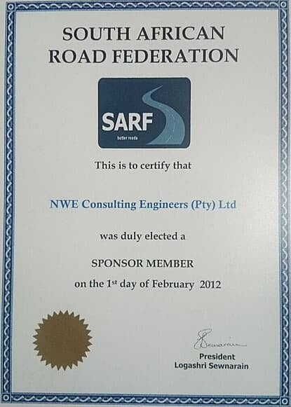 South African Road Federation certificate